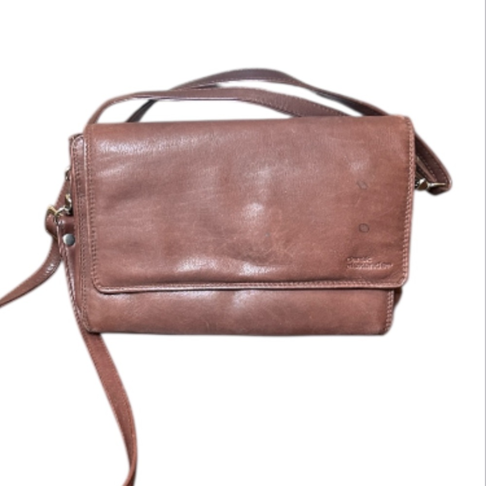 Derek Alexander Cognac Soft Leather Crossbody Organizer Bag Half Flap Purse